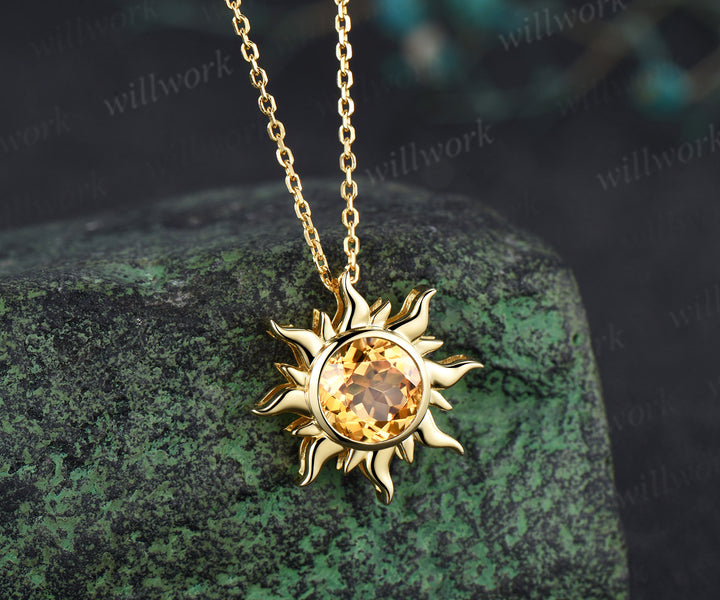 Round Cut Citrine Sun Necklace Unique 14k Yellow Gold Crystal Solitaire Pendant Dainty November Birthstone Necklace Women
