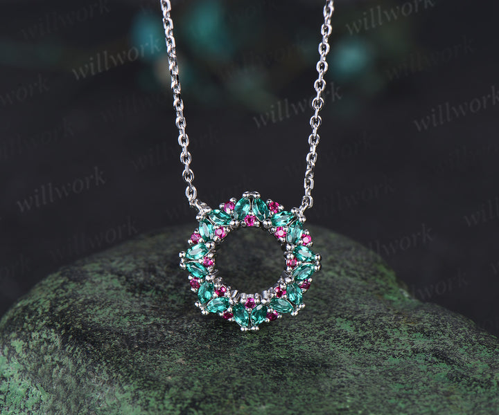 Wreath Marquise Emerald Necklace 14k White Gold Stud Moissanite Ruby Pendant Christmas Gift For Her