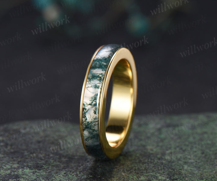 Full eternity natural moss agate wedding ring mens solid 14k 18k white gold unique wedding bridal ring women