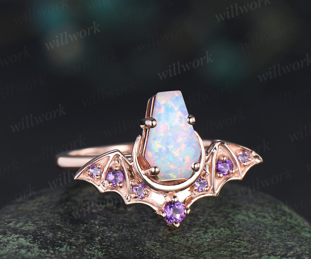 Kite coffin opal ring vintage bat moon opal engagement ring solid 14k rose gold amethyst unique wedding ring women