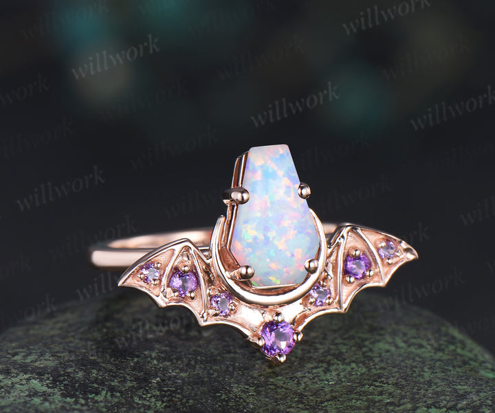 Kite coffin opal ring vintage bat moon opal engagement ring solid 14k rose gold amethyst unique wedding ring women