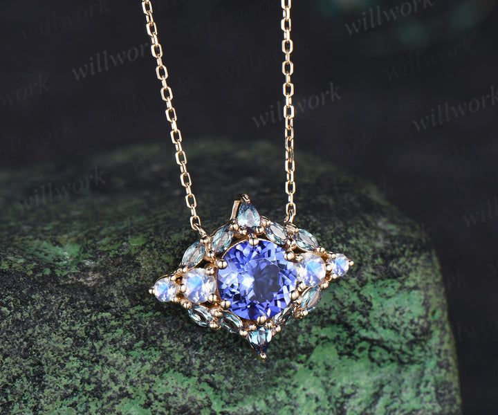 Vintage round cut natural Tanzanite necklace art deco moonstone alexandrite pendant white gold necklace anniversary birthday gifts for women