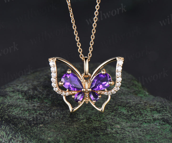 Teardrop pear Amethyst Butterfly Necklace Vintage 14K yellow Gold Vintage Purple Crystal Pendant Unique February Birthstone Gifts For Daughter