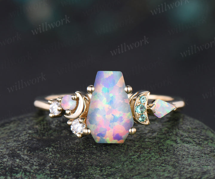 Kite Coffin white opal engagement ring 14k yellow gold cluster moon emerald wedding anniversary gift