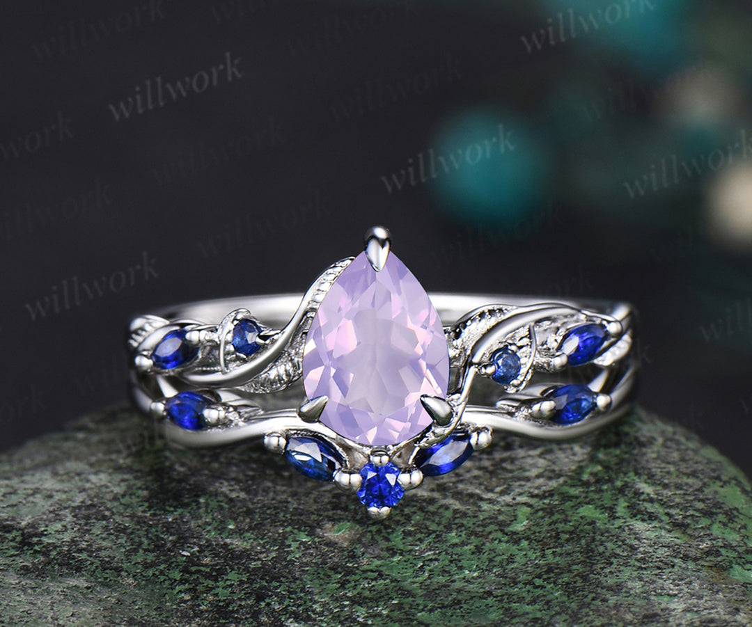 Pear cut Lavender Amethyst engagement ring 14k white gold five stone leaf branch Nature inspired blue Sapphire bridal ring set women gift