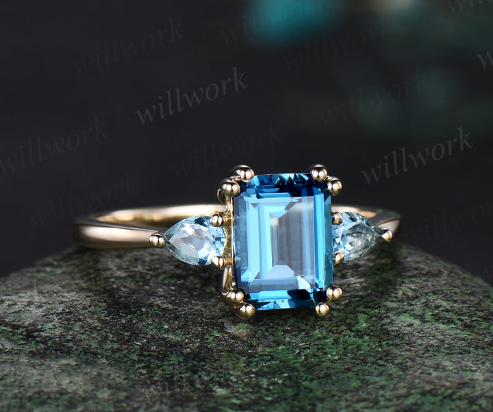 Emerald cut London blue topaz ring Minimalist yellow gold three stone Swiss blue topaz wedding ring women unique engagement ring 8 prong gift