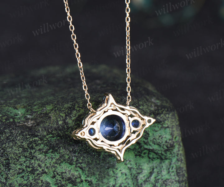 Vintage round cut natural Tanzanite necklace art deco moonstone alexandrite pendant white gold necklace anniversary birthday gifts for women