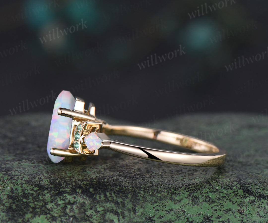 Kite Coffin white opal engagement ring 14k yellow gold cluster moon emerald wedding anniversary gift