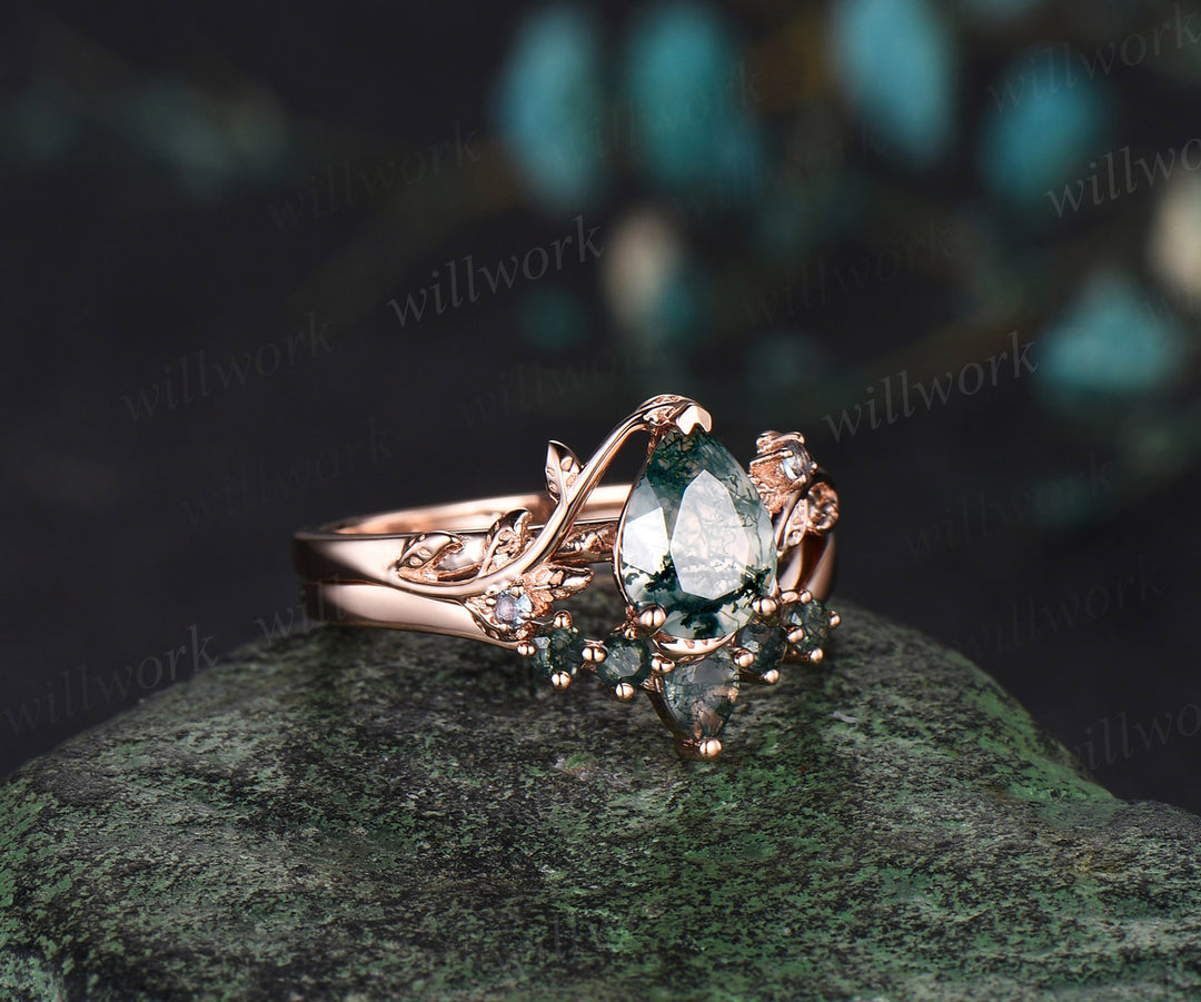 Vintage pear moss agate engagement ring 14k rose gold cluster leaf nature inspired bridal promise wedding ring set women