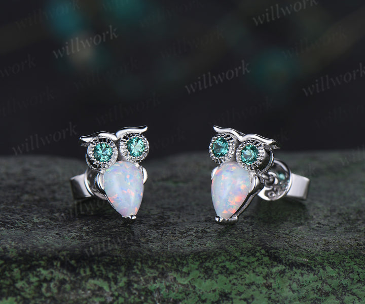 Pear White Opal Owl Earrings Emerald Owl Stud Earrings 14K Solid white Gold Animal Earrings Owl Lover Gift