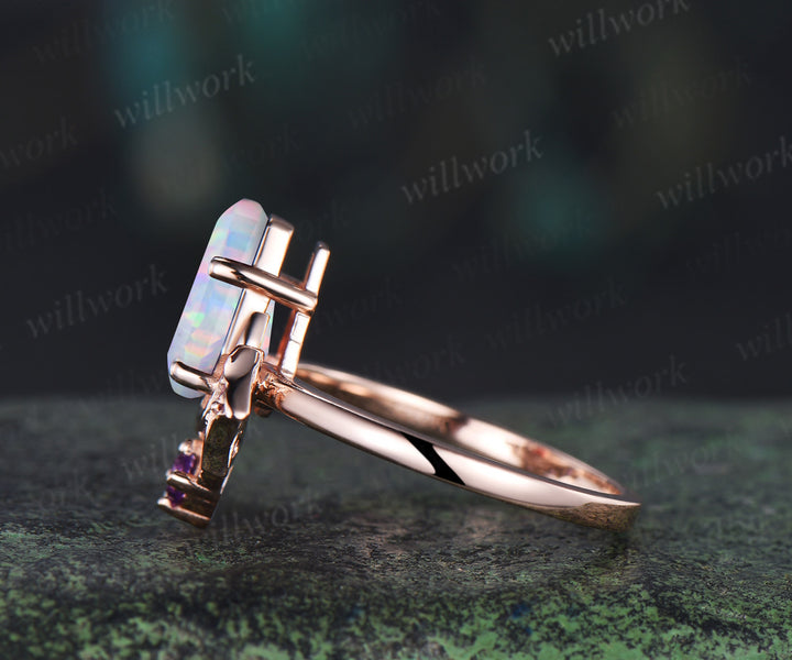 Kite coffin opal ring vintage bat moon opal engagement ring solid 14k rose gold amethyst unique wedding ring women