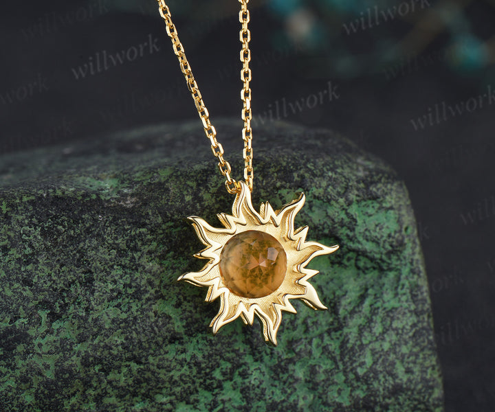 Round Cut Citrine Sun Necklace Unique 14k Yellow Gold Crystal Solitaire Pendant Dainty November Birthstone Necklace Women