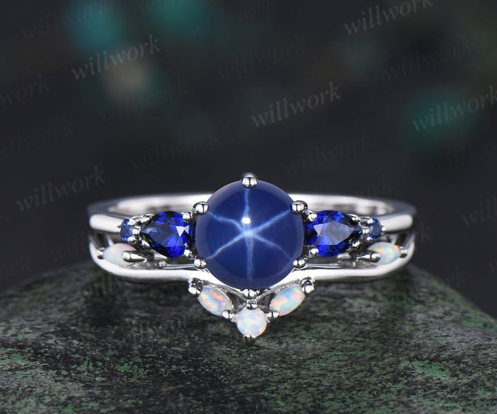 Round blue star sapphire ring vintage pear sapphire ring five stone blue gemstone ring opal wedding band engagement ring women bridal set