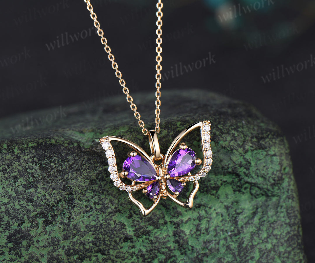 Teardrop pear Amethyst Butterfly Necklace Vintage 14K yellow Gold Vintage Purple Crystal Pendant Unique February Birthstone Gifts For Daughter