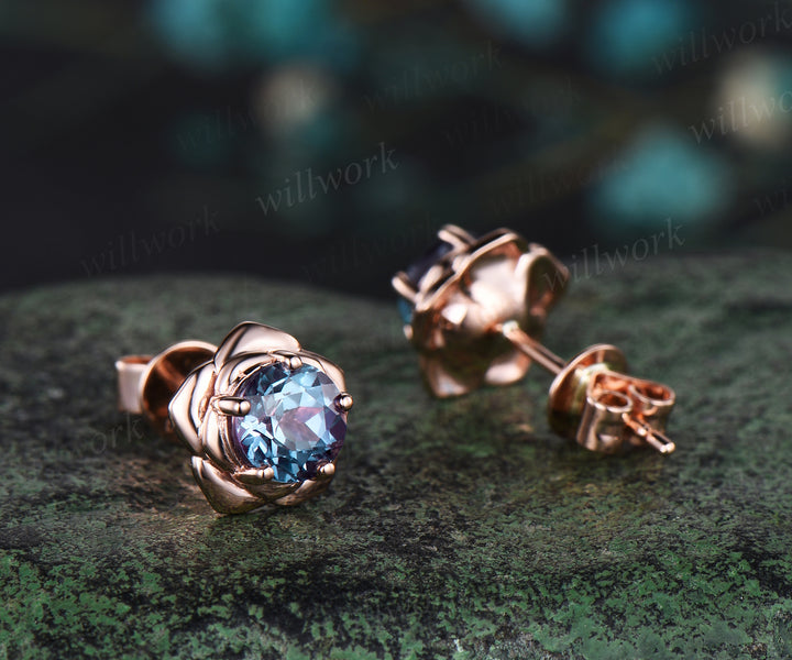 Round cut alexandrite stud earrings14k rose gold Floral flower 5 prong earrings anniversary gift for women