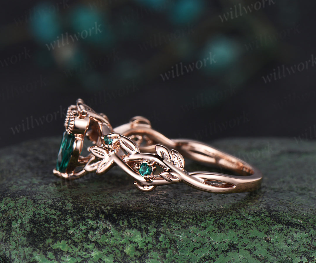 Pear Green Emerald Owl Engagement Ring 14k Gold Branch Leaf May Birthstone Wedding Ring Nature Inspired Ring Birthday Gift for Owl Lover