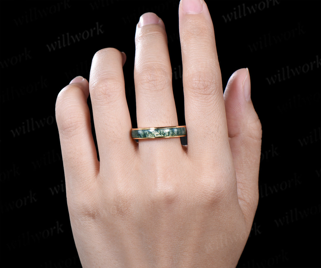 Full eternity natural moss agate wedding ring mens solid 14k 18k white gold unique wedding bridal ring women