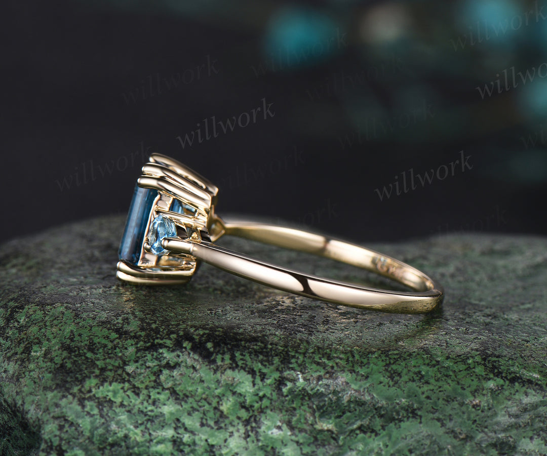 Emerald cut London blue topaz ring Minimalist yellow gold three stone Swiss blue topaz wedding ring women unique engagement ring 8 prong gift