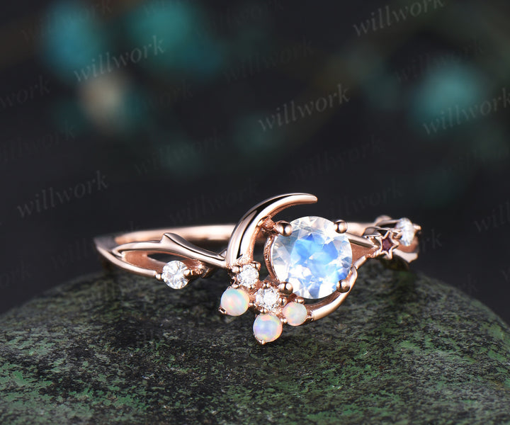 Round cut moonstone Engagement Ring vintage moon cluster opal ring women twig branch star vine moissanite anniversary gift