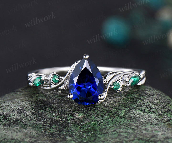 READY TO SHIP: Pear Cut Lab Sapphire Engagement Ring - Sterling Silver - Ring Size: 6.75 US