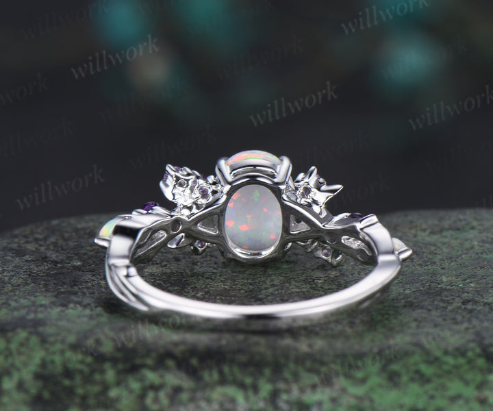 Oval Opal Engagement Ring Vintage Opal Moon Engagement Ring Branch Cluster Amethyst Wedding Ring Promise Gift For Women