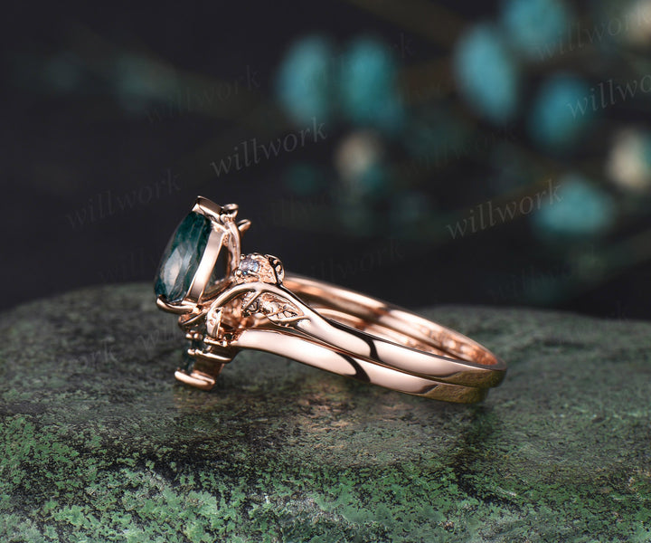 Vintage pear moss agate engagement ring 14k rose gold cluster leaf nature inspired bridal promise wedding ring set women