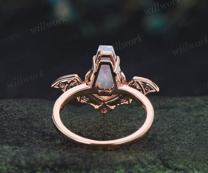 Kite coffin opal ring vintage bat moon opal engagement ring solid 14k rose gold amethyst unique wedding ring women