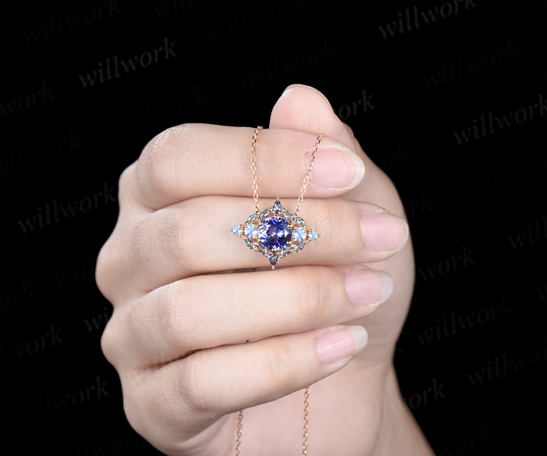 Vintage round cut natural Tanzanite necklace art deco moonstone alexandrite pendant white gold necklace anniversary birthday gifts for women