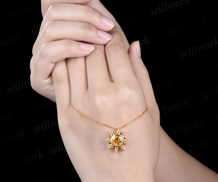 Round Cut Citrine Sun Necklace Unique 14k Yellow Gold Crystal Solitaire Pendant Dainty November Birthstone Necklace Women