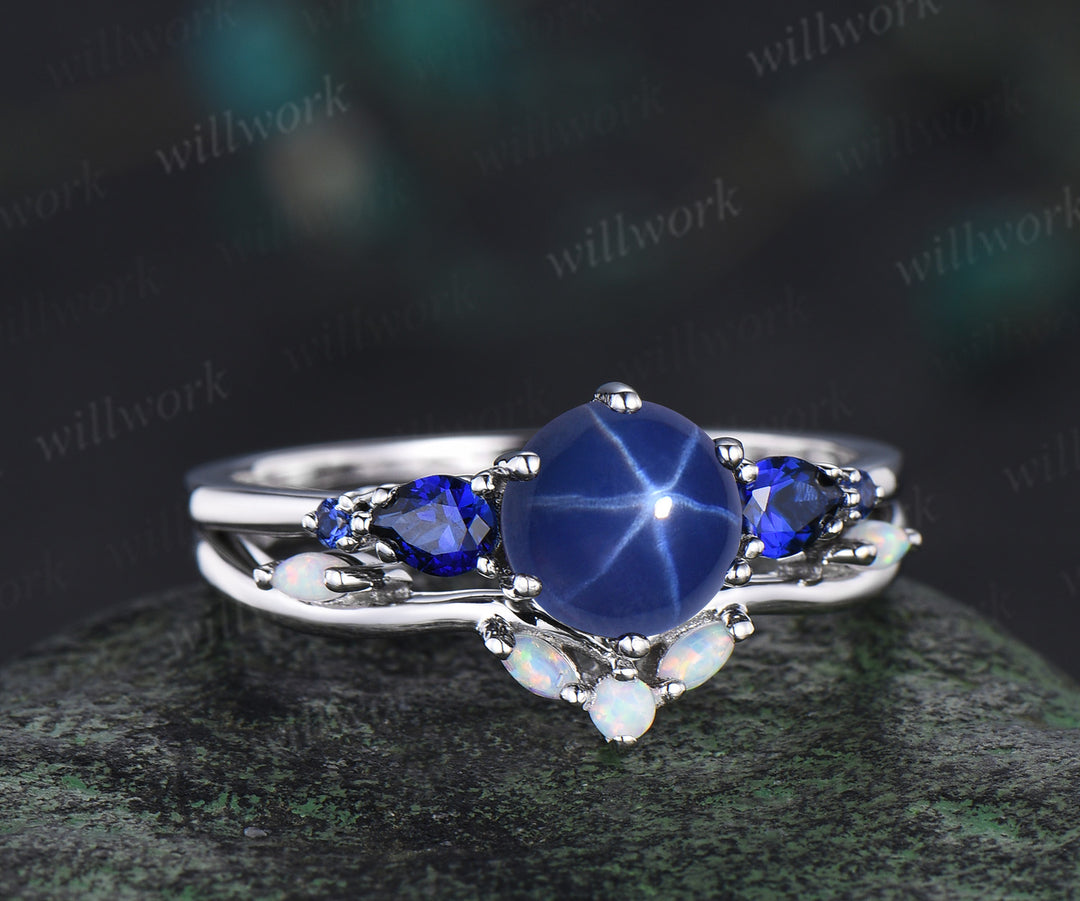 Round blue star sapphire ring vintage pear sapphire ring five stone blue gemstone ring opal wedding band engagement ring women bridal set