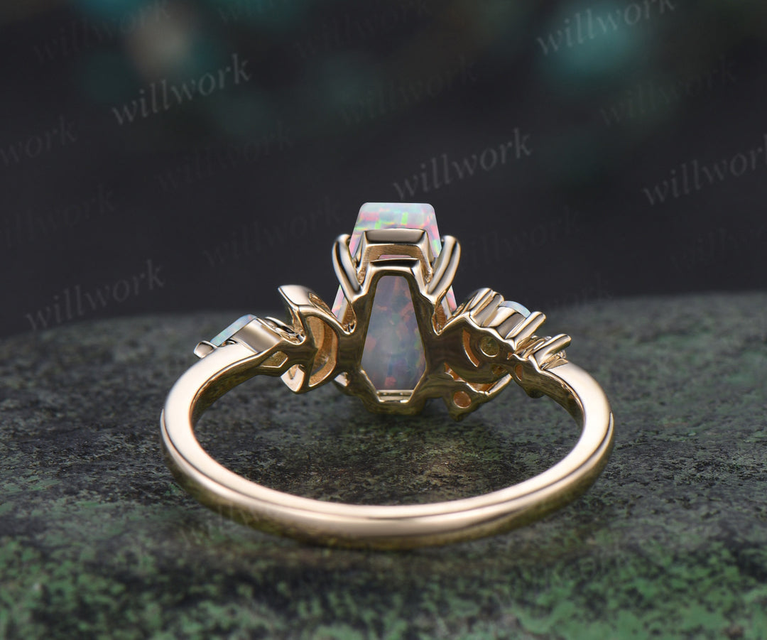 Kite Coffin white opal engagement ring 14k yellow gold cluster moon emerald wedding anniversary gift