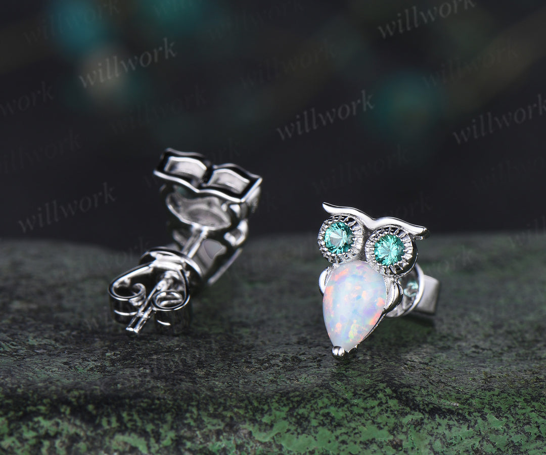 Pear White Opal Owl Earrings Emerald Owl Stud Earrings 14K Solid white Gold Animal Earrings Owl Lover Gift