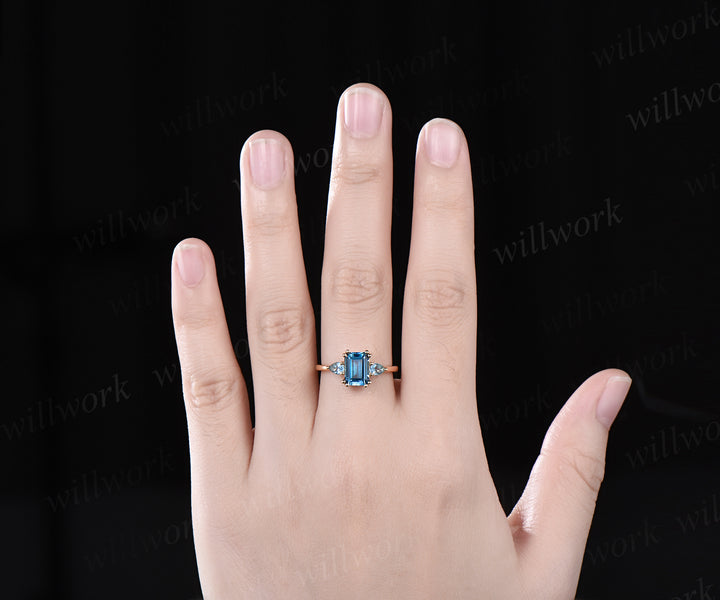 Emerald cut London blue topaz ring Minimalist yellow gold three stone Swiss blue topaz wedding ring women unique engagement ring 8 prong gift