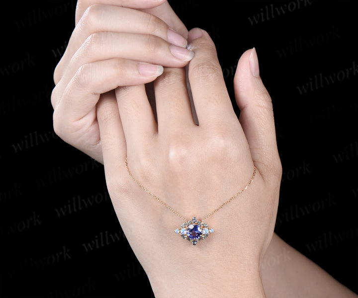 Vintage round cut natural Tanzanite necklace art deco moonstone alexandrite pendant white gold necklace anniversary birthday gifts for women
