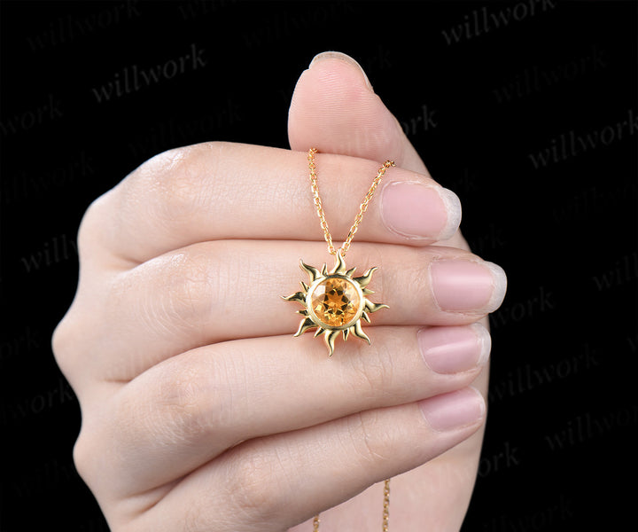 Round Cut Citrine Sun Necklace Unique 14k Yellow Gold Crystal Solitaire Pendant Dainty November Birthstone Necklace Women