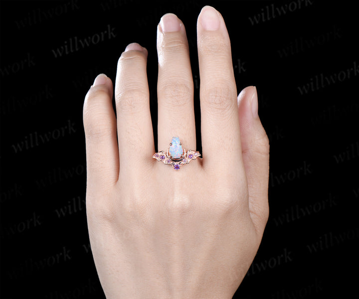 Kite coffin opal ring vintage bat moon opal engagement ring solid 14k rose gold amethyst unique wedding ring women