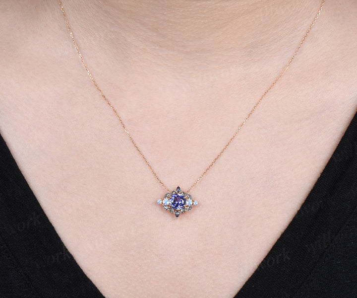 Vintage round cut natural Tanzanite necklace art deco moonstone alexandrite pendant white gold necklace anniversary birthday gifts for women