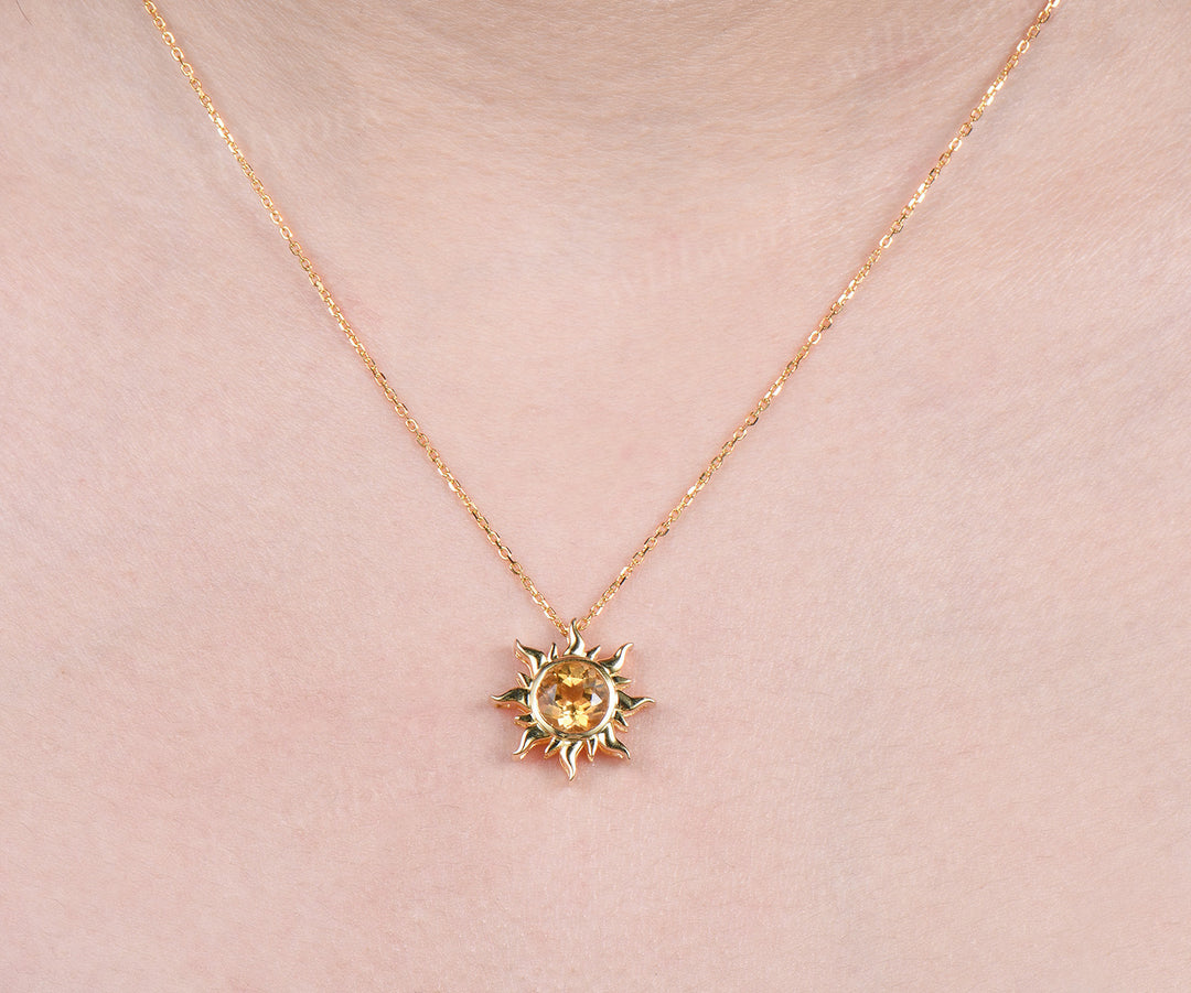 Round Cut Citrine Sun Necklace Unique 14k Yellow Gold Crystal Solitaire Pendant Dainty November Birthstone Necklace Women