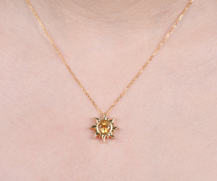 Round Cut Citrine Sun Necklace Unique 14k Yellow Gold Crystal Solitaire Pendant Dainty November Birthstone Necklace Women