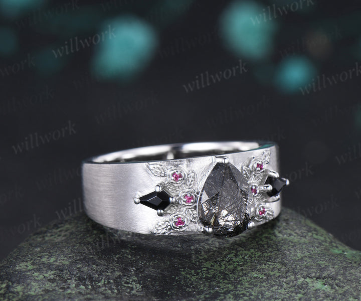 Pear Black Rutilated Quartz Men Ring Ruby Rose Deco Band Black Gemstone Statement Ring for Him