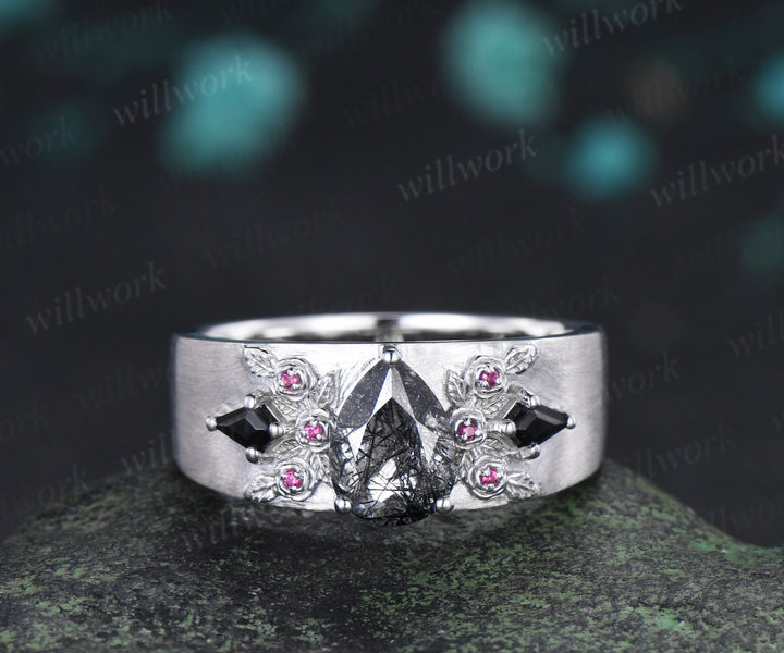 Pear Black Rutilated Quartz Men Ring Ruby Rose Deco Band Black Gemstone Statement Ring for Him