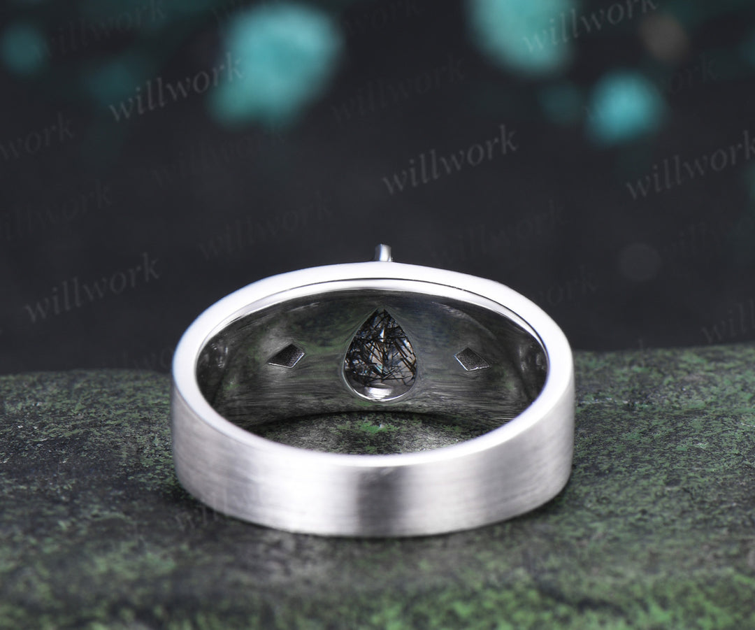 Pear Black Rutilated Quartz Men Ring Ruby Rose Deco Band Black Gemstone Statement Ring for Him