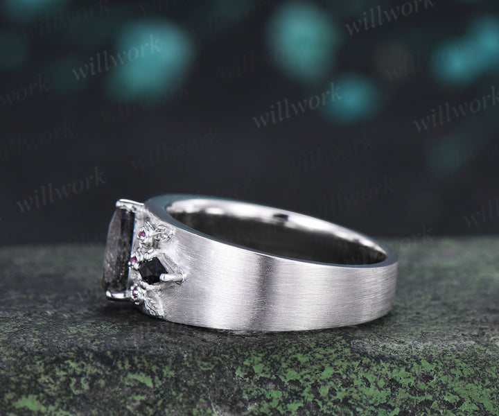 Pear Black Rutilated Quartz Men Ring Ruby Rose Deco Band Black Gemstone Statement Ring for Him