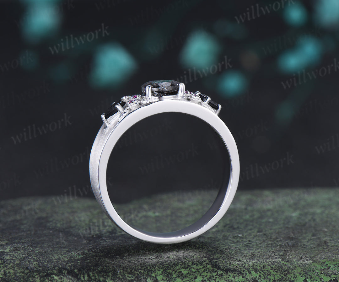 Pear Black Rutilated Quartz Men Ring Ruby Rose Deco Band Black Gemstone Statement Ring for Him