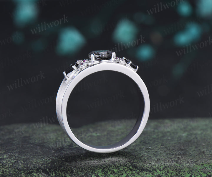 Pear Black Rutilated Quartz Men Ring Ruby Rose Deco Band Black Gemstone Statement Ring for Him