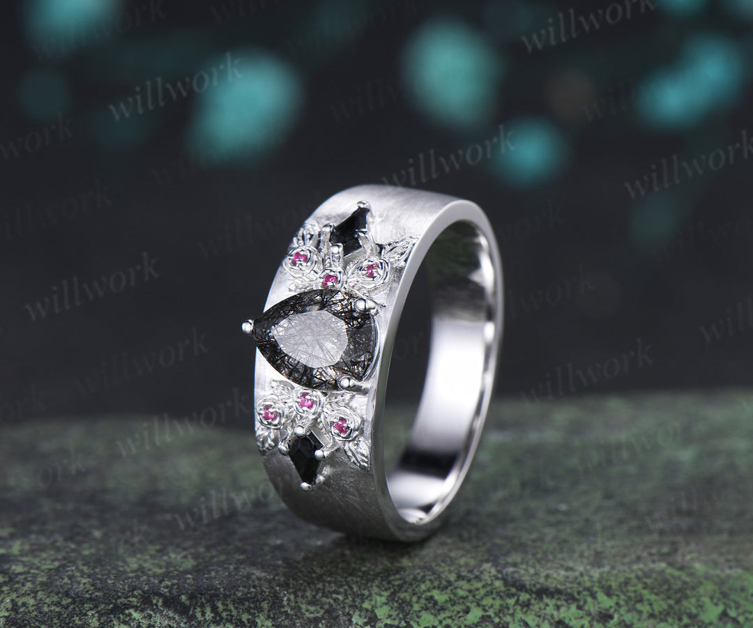 Pear Black Rutilated Quartz Men Ring Ruby Rose Deco Band Black Gemstone Statement Ring for Him