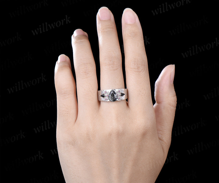 Pear Black Rutilated Quartz Men Ring Ruby Rose Deco Band Black Gemstone Statement Ring for Him
