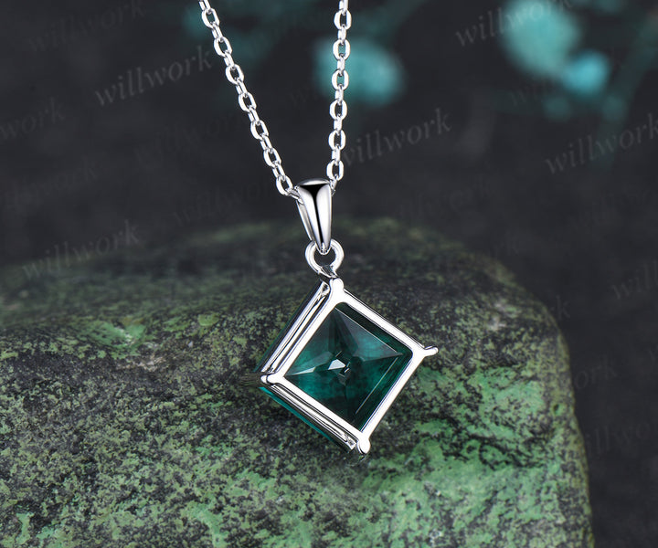 6ct princess cut green emerald necklace solitaire green gemstone pendant necklace May birthstone gift