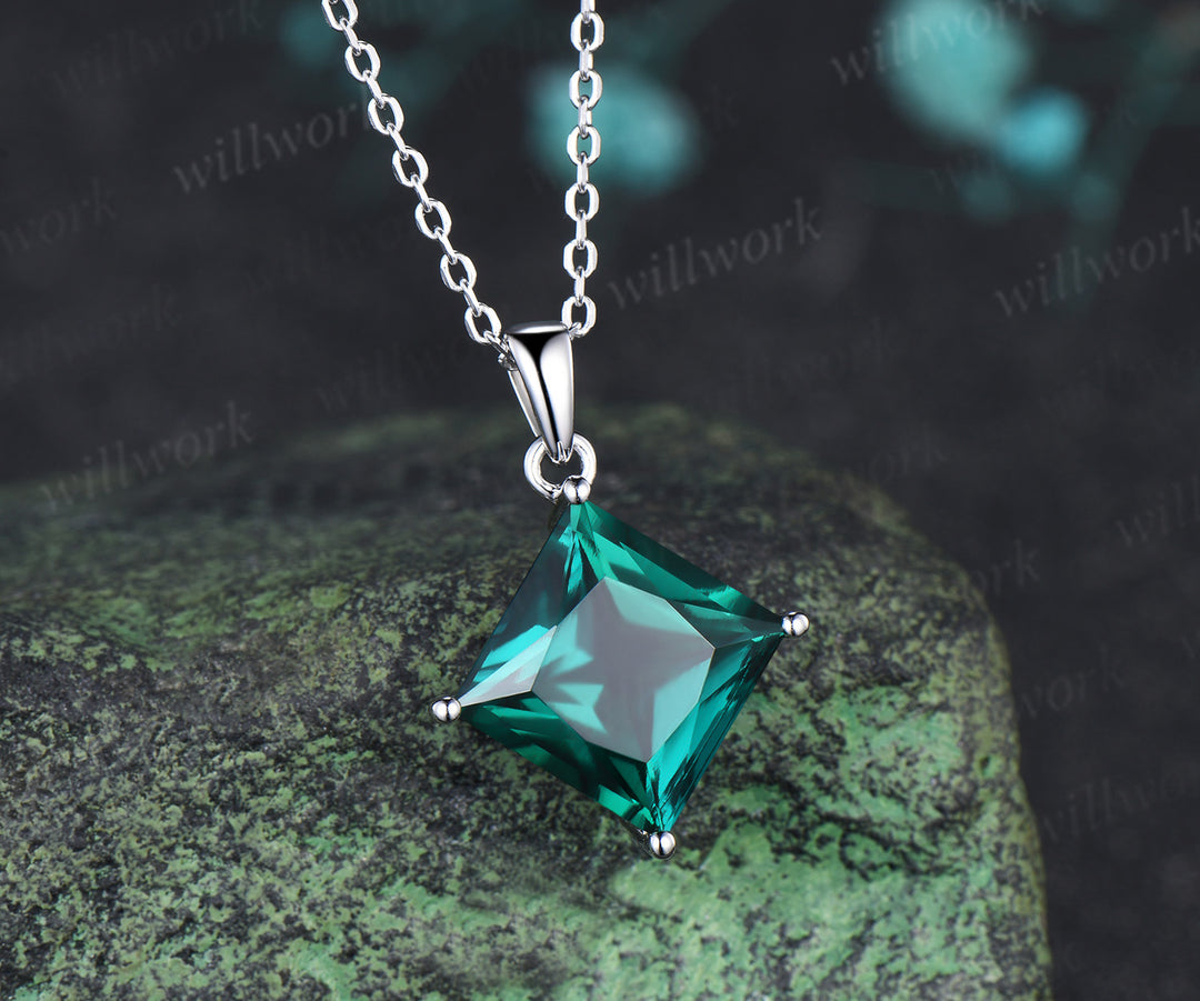 6ct princess cut green emerald necklace solitaire green gemstone pendant necklace May birthstone gift