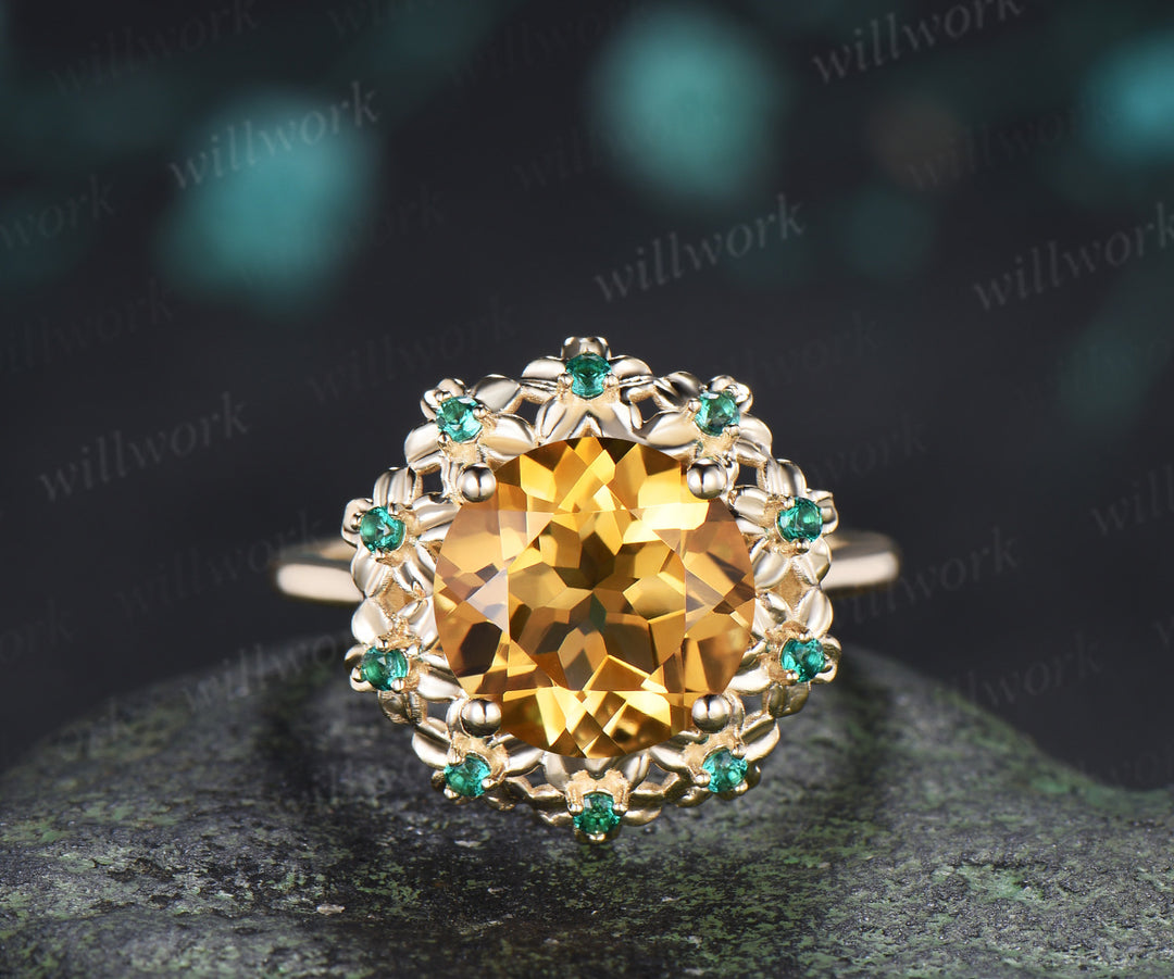 Vintage Round Citrine Engagement Ring Unique Floral Emerald Halo Promise Ring November Birthstone Ring Gifts